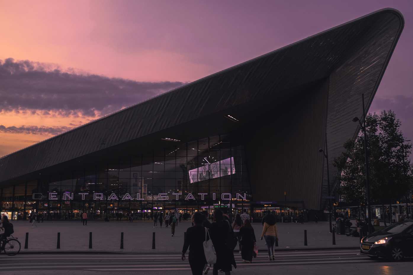 The Rotterdam Centraal Station at dusk